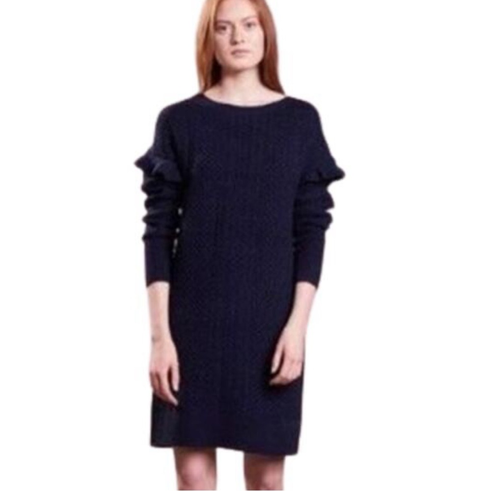 J.Crew Cable Knit Ruffle Sleeve Sweater Dress Wool Blend Crewneck Navy Blue